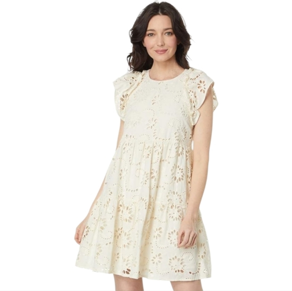 Maggy London Cream Eyelet Jewel Neck Tiered Skirt Babydoll Flutter Sleeve Dress